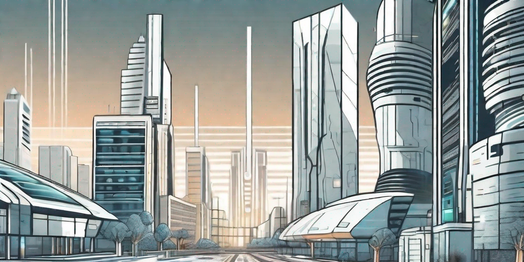 A futuristic cityscape where various digital marketing tools are symbolized as buildings